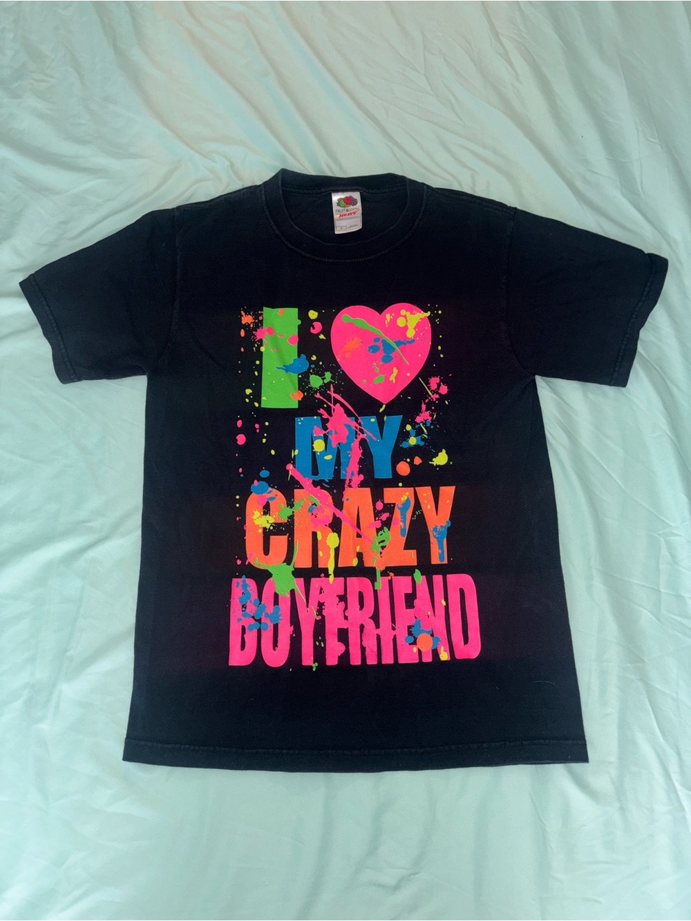 Black Tee with Neon Paint Splaters 'I ♥ My Crazy Boyfriend' Graphic Size Small